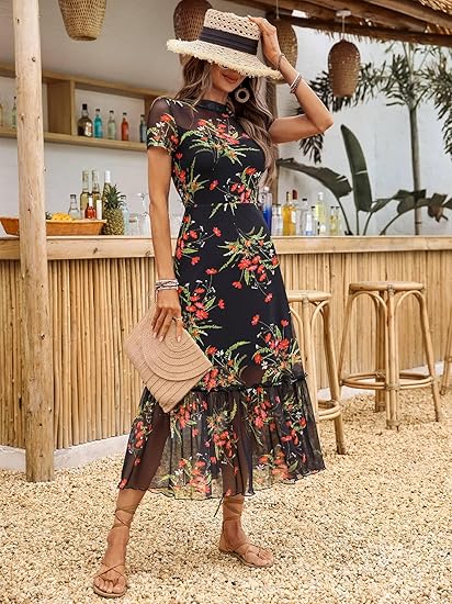 Women's Summer Floral Mesh Ruffle Dress Short Sleeve Round Neck Waist Cinched Casual Maxi Wedding Guest Dresses