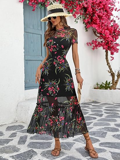 Women's Summer Floral Mesh Ruffle Dress Short Sleeve Round Neck Waist Cinched Casual Maxi Wedding Guest Dresses