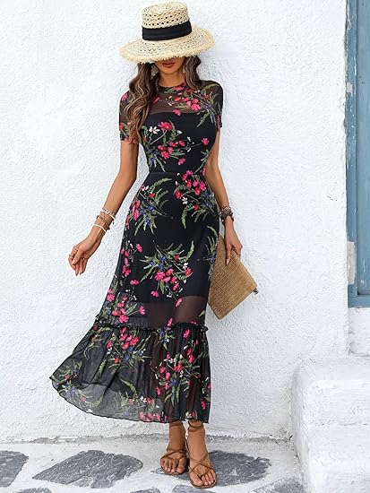 Women's Summer Floral Mesh Ruffle Dress Short Sleeve Round Neck Waist Cinched Casual Maxi Wedding Guest Dresses