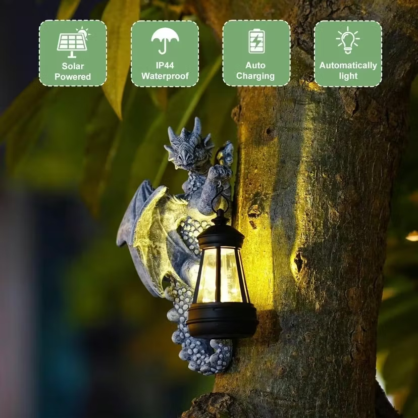Garden Decor Dragon Hugging Tree Garden Statue with Solar Lantern