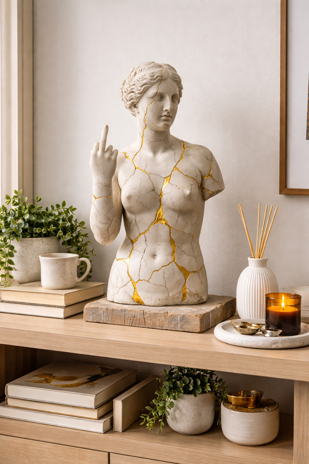 Broken but Unbothered – Golden Repair Attitude Sculpture