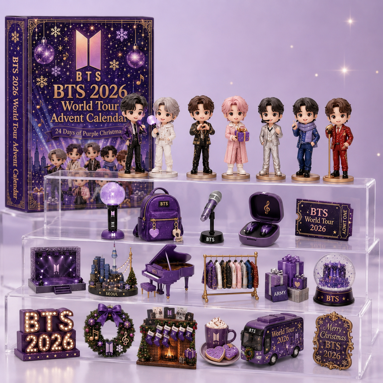 Resin figures and accessories on acrylic tiered display