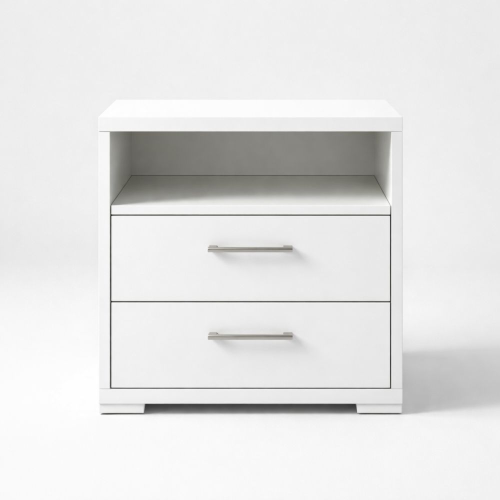 Table de chevet blanche 2 tiroirs en MDF avec poignées en métal
