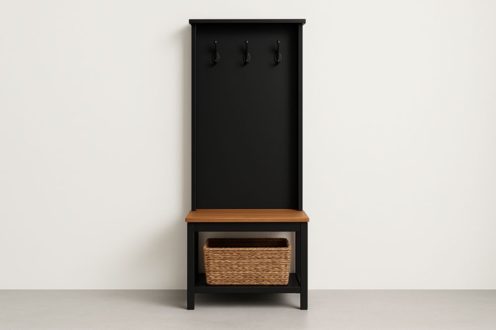 Portemanteau en Bois avec Banc et Panier Noir/Marron