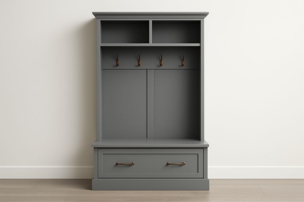 Armoire de Rangement en Bois Gris avec Crochets et Tiroir