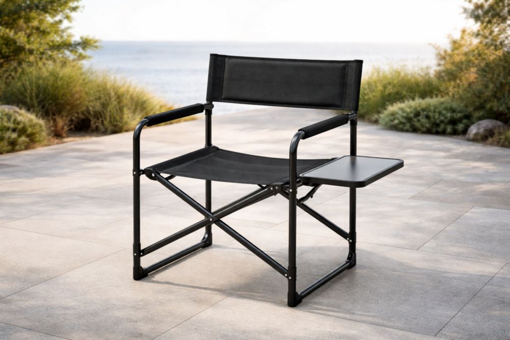 Chaise pliante de jardin en aluminium avec tablette en tissu noir
