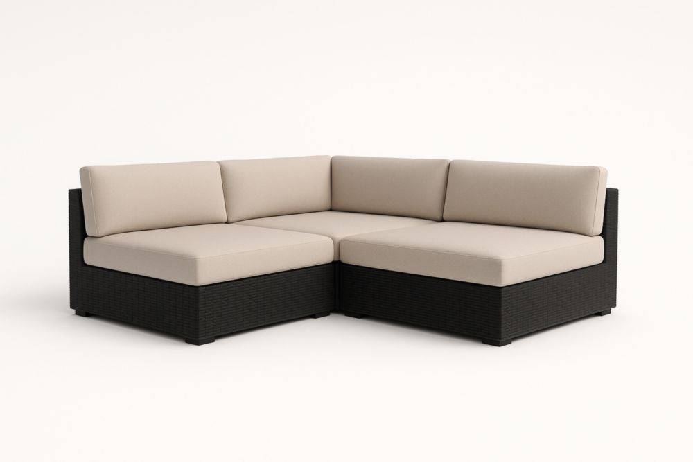 Canapé d'angle modulable en tissu beige et résine tressée noire