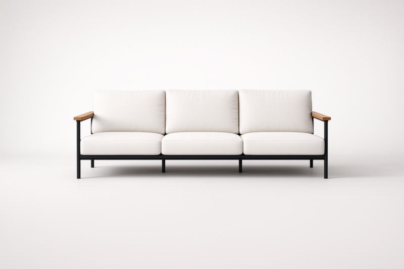 Canapé 3 places cadre acier coussins en tissu accoudoirs bois