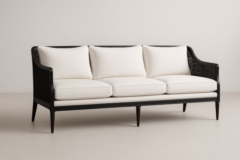 Canapé en bois massif avec coussins en polyester noir et crème 210 cm