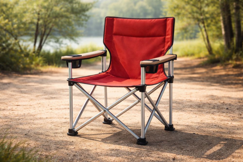 Chaise pliante rouge en aluminium avec porte-gobelet