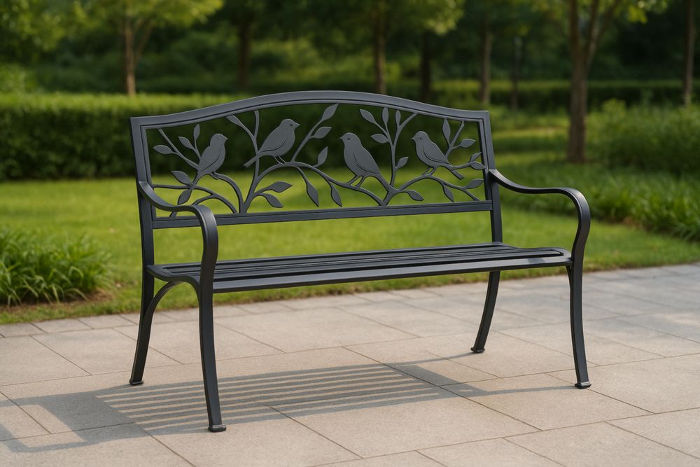 Banc en métal noir avec motifs d'oiseaux