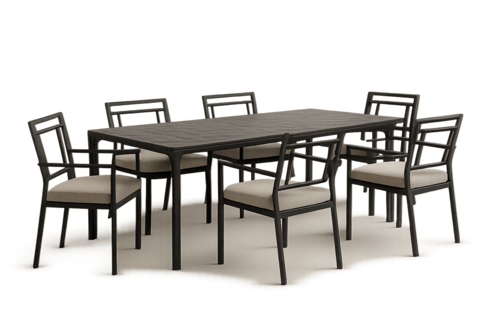 Pour l'extérieur ensemble de salle à manger en acier noir avec coussins beige