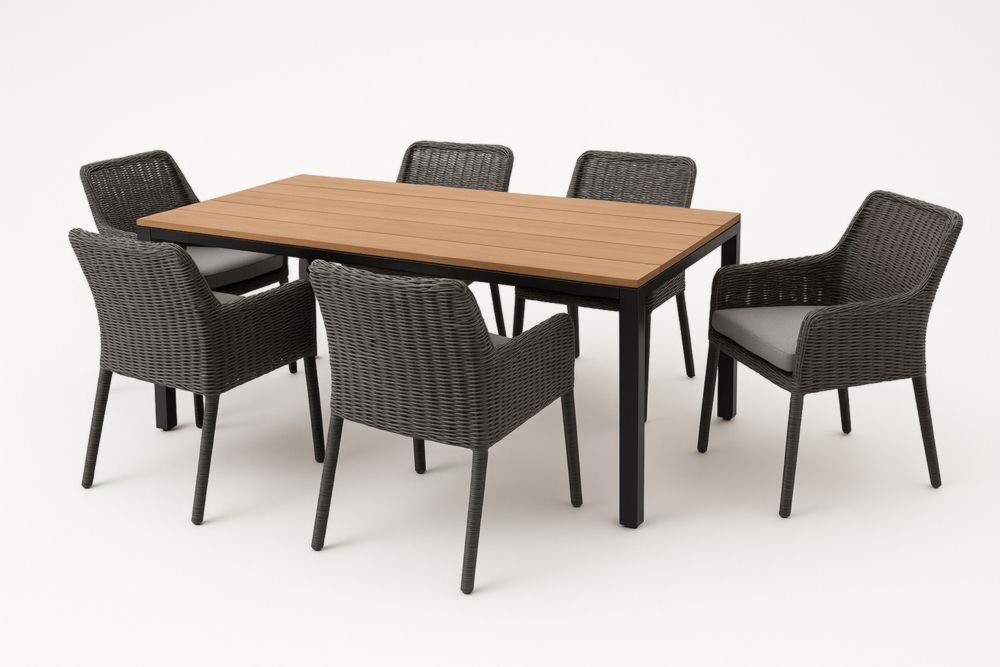 Ensemble table à manger de jardin d'extérieur en rotin et aluminium avec table en teck