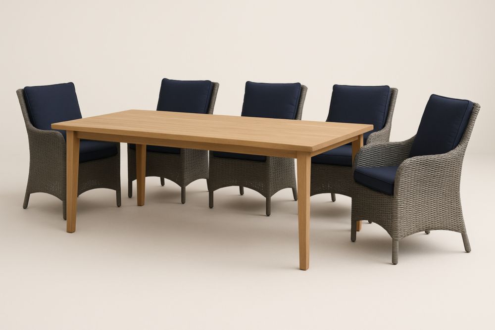 Ensemble de table en bois massif avec 5 chaises en osier et coussins