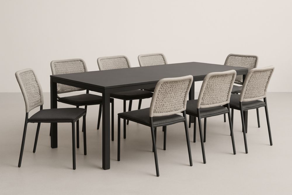 Ensemble table à manger de jardin rectangulaire en acier avec 8 chaises en tissu polyester et polypropylène