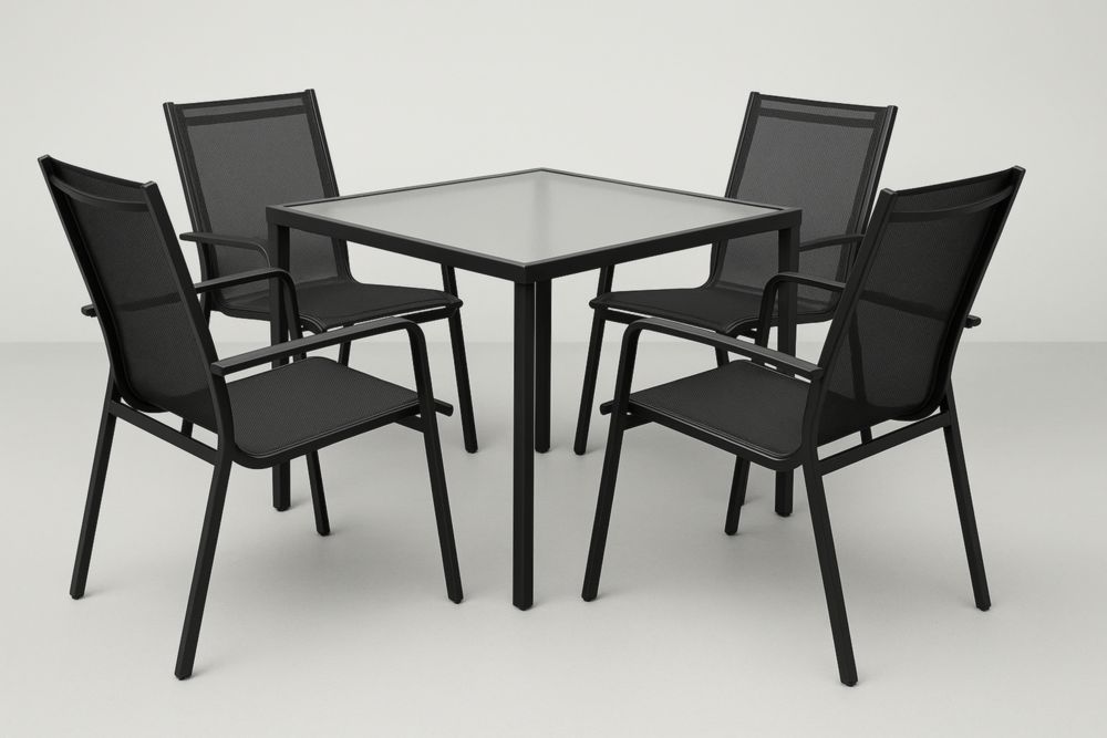 Ensemble table à manger de jardin carrée en verre trempé avec 4 chaises en textilène noir et aluminium