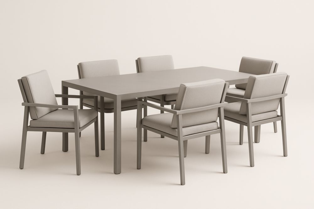 Ensemble de salle à manger 7 pièces rectangulaire en aluminium avec chaises en tissu et polypropylène beige