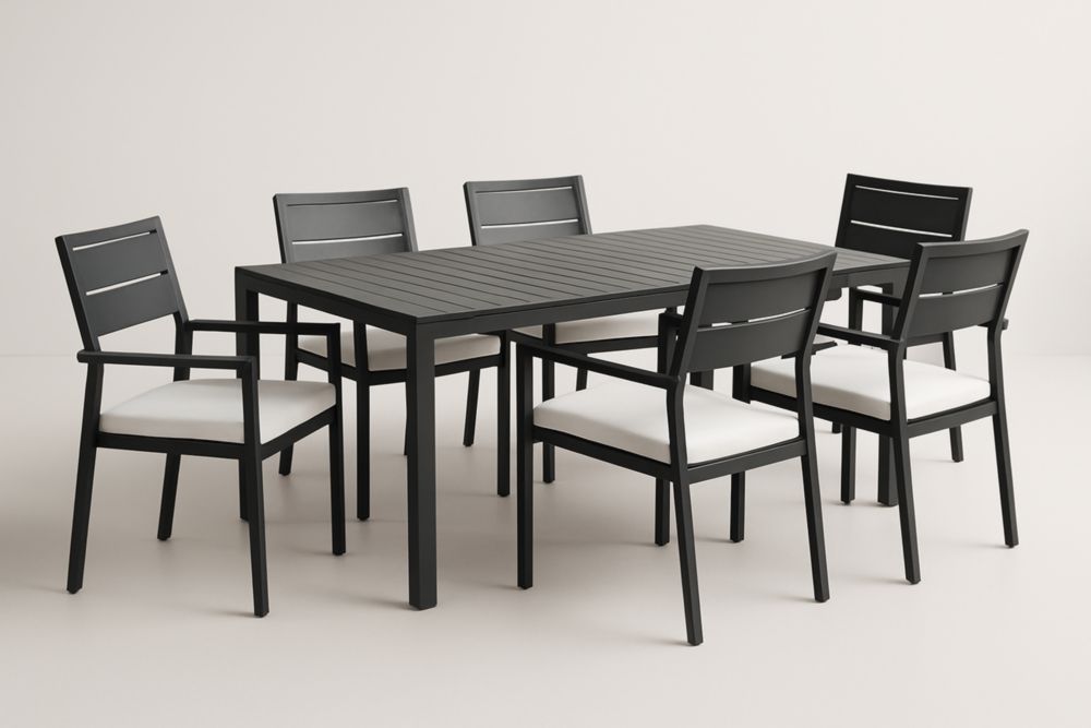 Ensemble de table et chaises d'extérieur en aluminium noir avec coussins blancs pour jardin