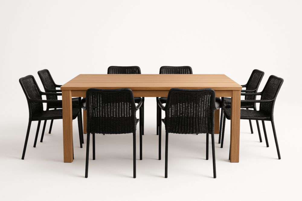 Ensemble de table rectangulaire en bois massif avec 8 chaises en résine tressée pour jardin