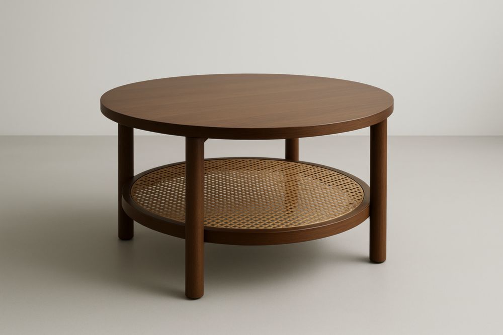 Table basse ronde en bois massif et rotin diamètre 80 cm marron