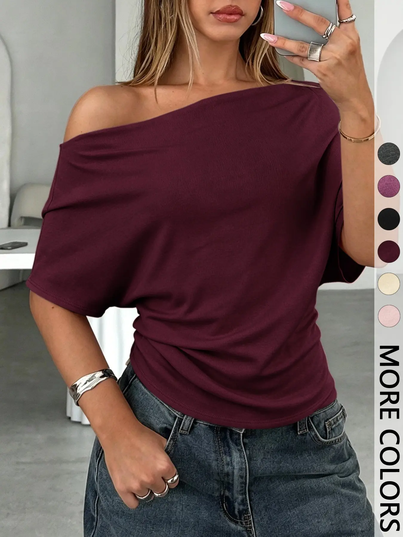 Drop Shoulder Batwing Tee | Asymmetric Neck Knit Top
