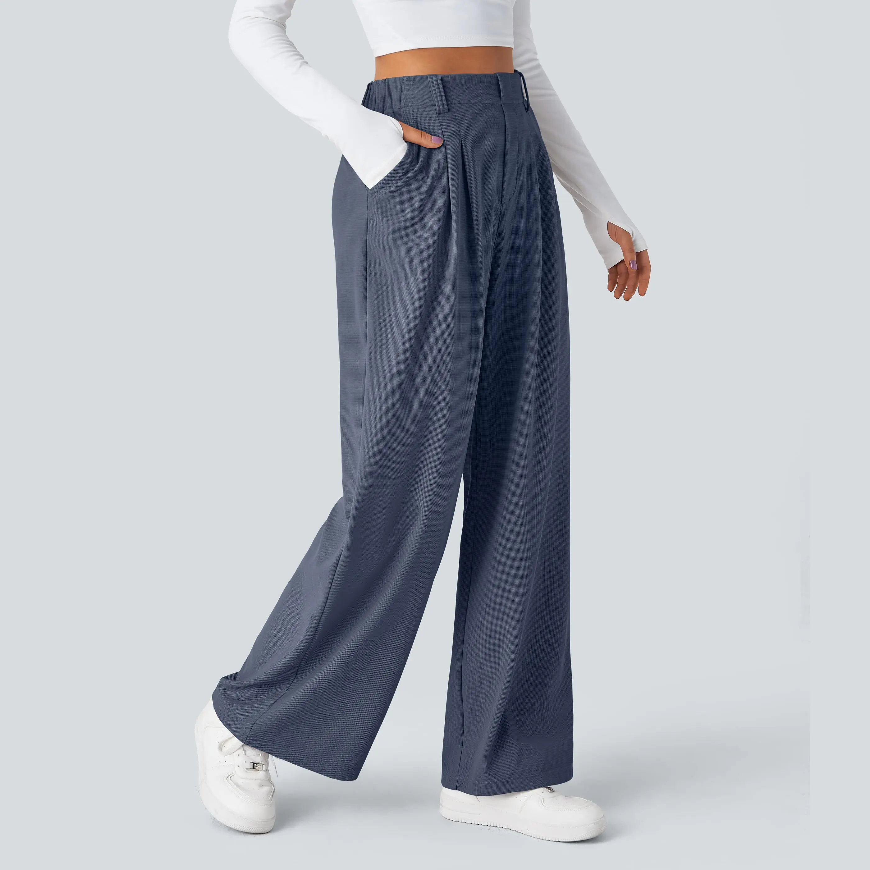 🔥Last Day Only £22.99💛Women‘s Waffle Knit Trousers | High-Rise, Wide Leg, Tummy Flattering🔥Buy 2 Free Shipping& 10% off