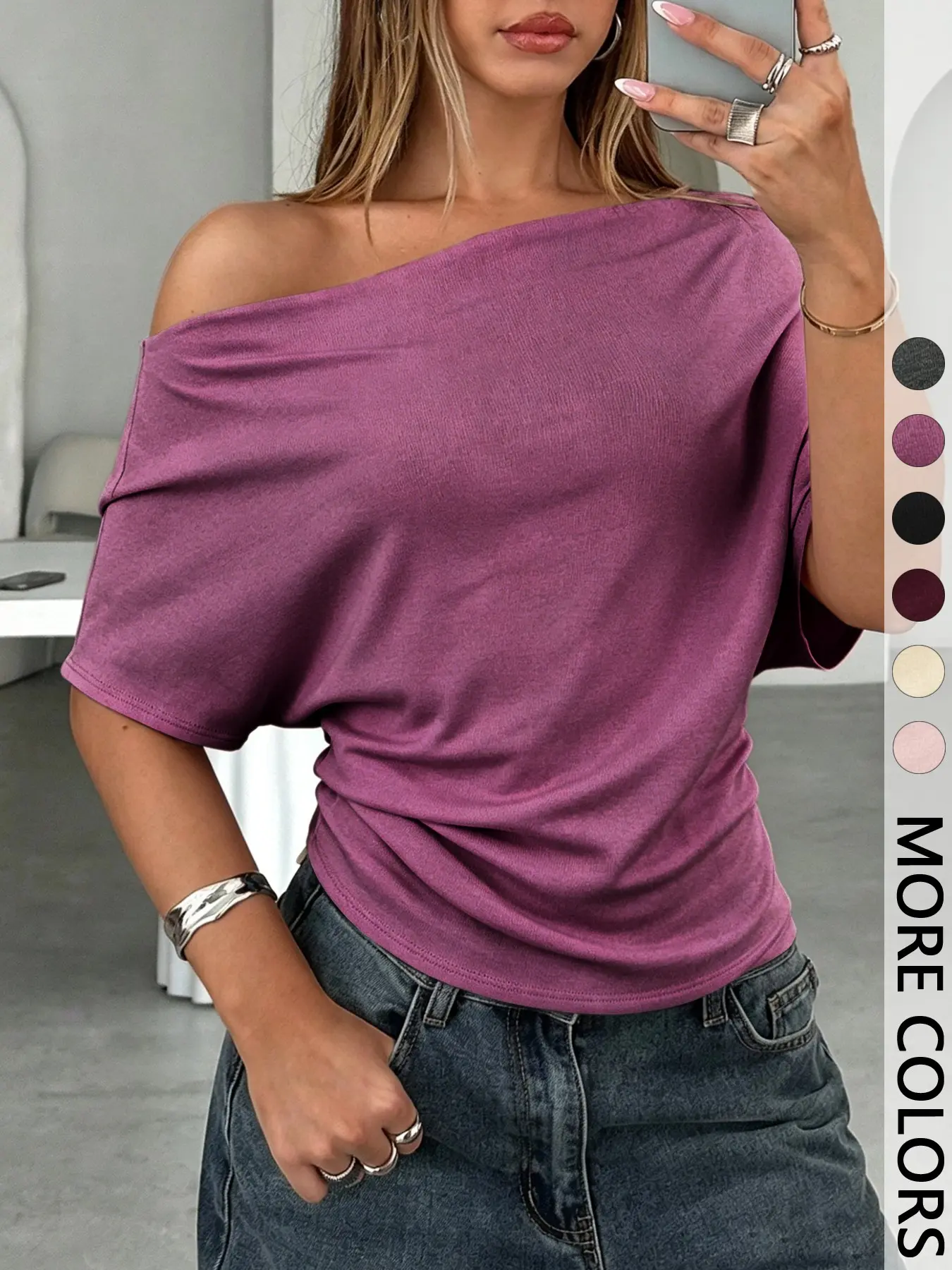 Drop Shoulder Batwing Tee | Asymmetric Neck Knit Top