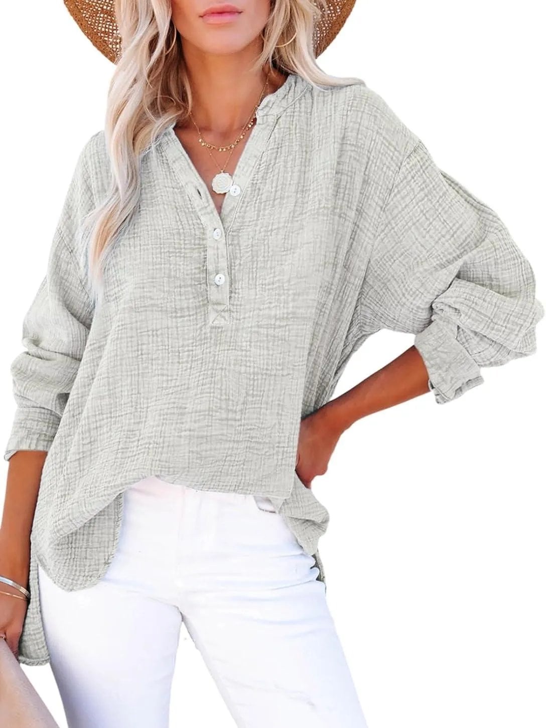 🎁Last Day Promotion 49% OFF🔥Womens Casual Button V Neck Long Sleeve Shirts Oversized Solid Blouses Tops