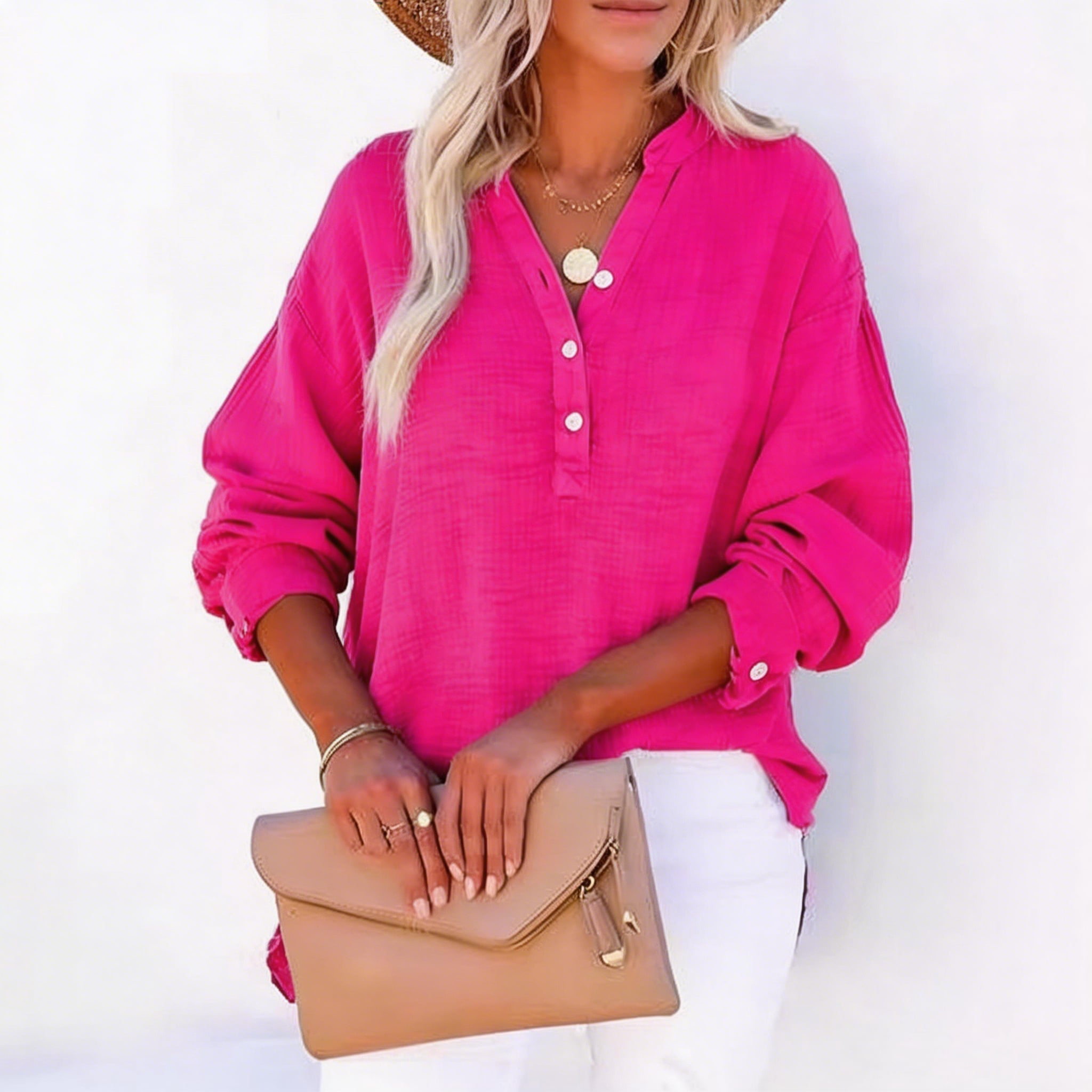 🎁Last Day Promotion 49% OFF🔥Womens Casual Button V Neck Long Sleeve Shirts Oversized Solid Blouses Tops