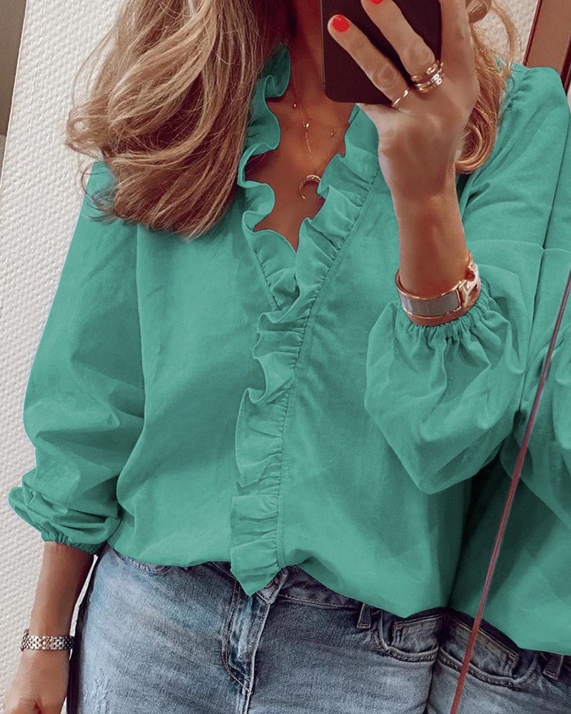 🔥Last Day 49% Off💛Ruffle Detail V-Neck Top | Women's Casual Woven Shirt for All Seasons🔥Buy 2 Free Shipping🔥