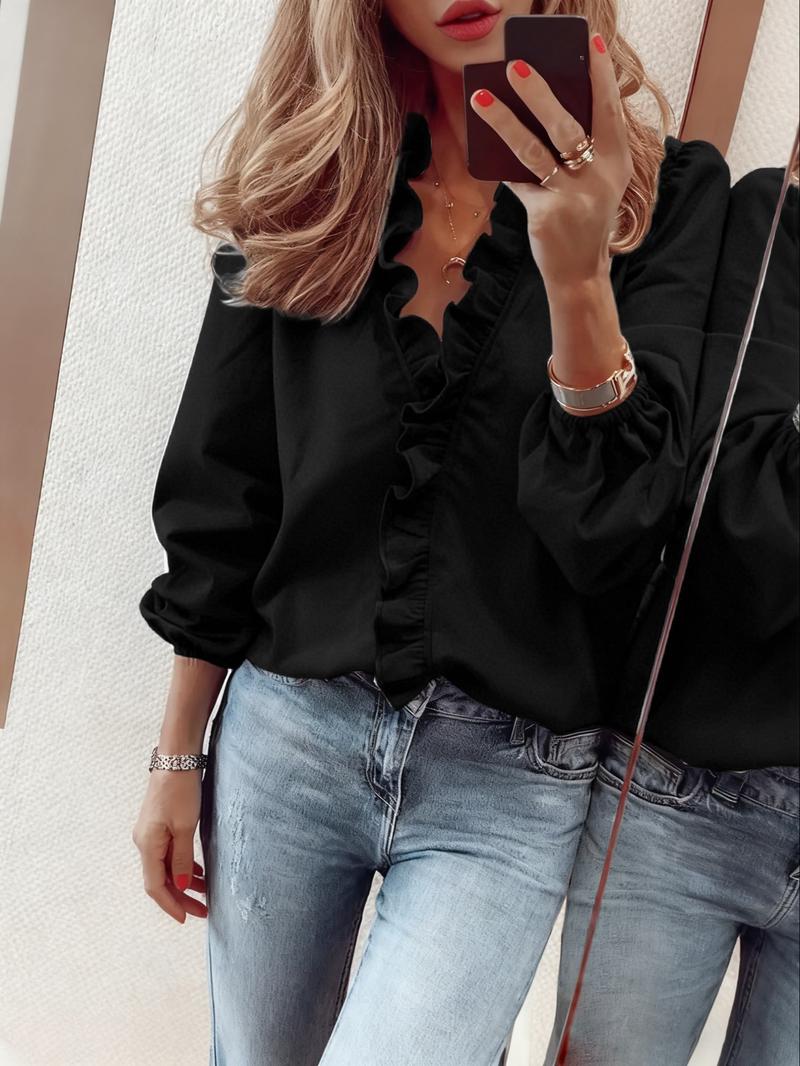 🔥Last Day 49% Off💛Ruffle Detail V-Neck Top | Women's Casual Woven Shirt for All Seasons🔥Buy 2 Free Shipping🔥