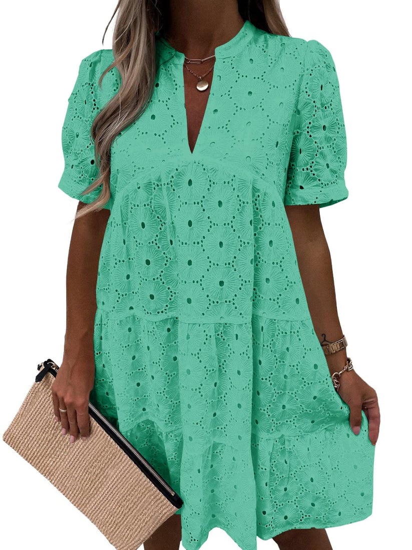 🔥Last Day 49% Off💛Babydoll Lace Dress for Women | Short Sleeve Eyelet Swing Mini Dress🔥Buy 2 Free Shipping