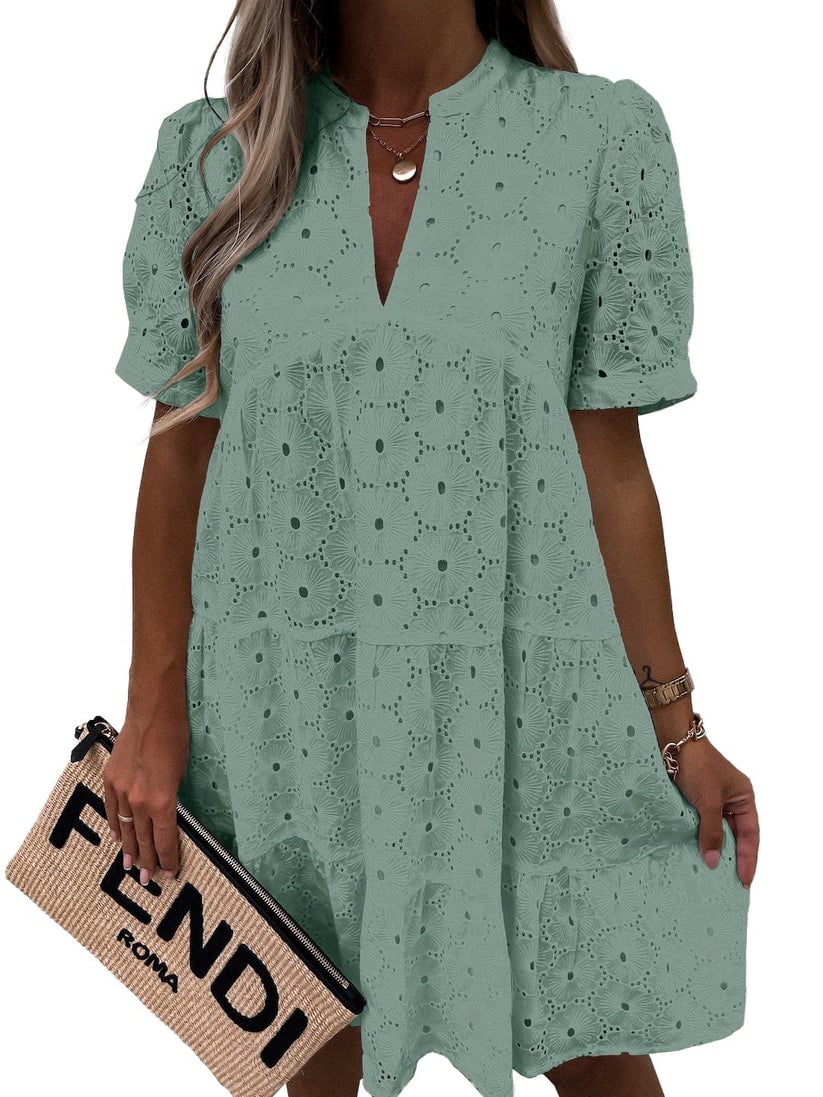 🔥Last Day 49% Off💛Babydoll Lace Dress for Women | Short Sleeve Eyelet Swing Mini Dress🔥Buy 2 Free Shipping