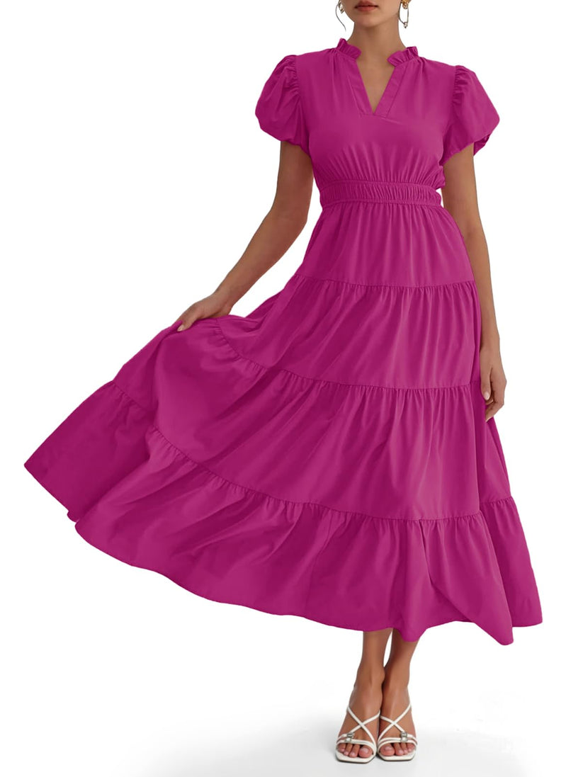 🔥Last Day 49% Off💛Puff Short Sleeve V Neck Flowy Tiered Beach A-Line Dresses🔥Buy 2 Free Shipping
