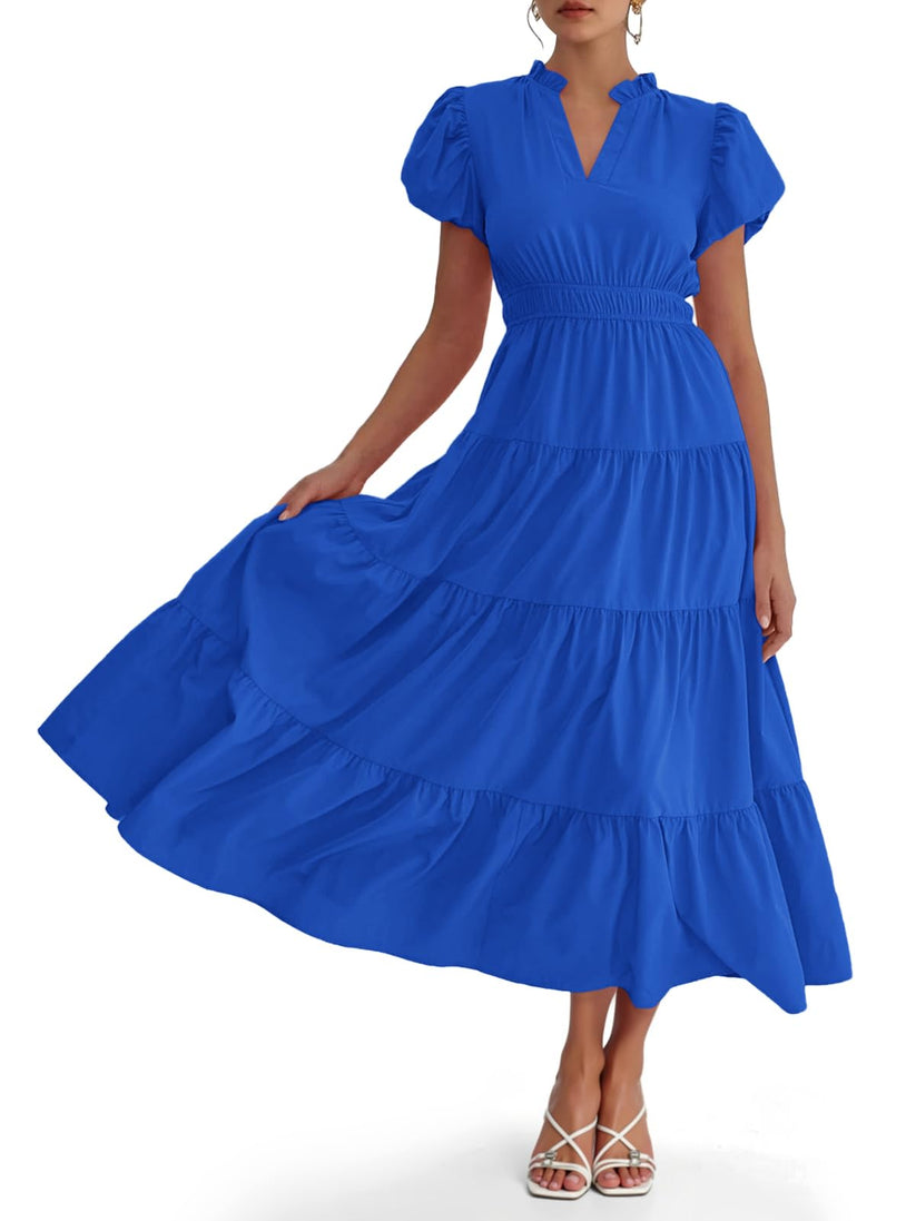 🔥Last Day 49% Off💛Puff Short Sleeve V Neck Flowy Tiered Beach A-Line Dresses🔥Buy 2 Free Shipping