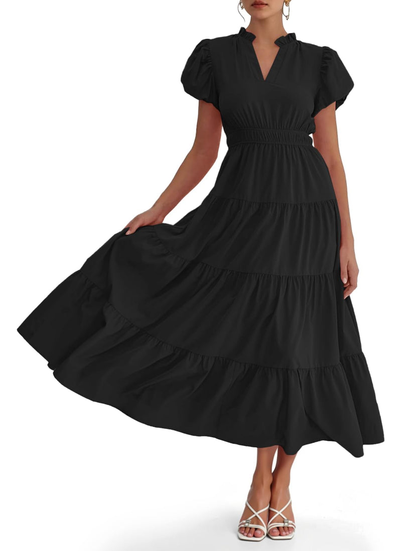 🔥Last Day 49% Off💛Puff Short Sleeve V Neck Flowy Tiered Beach A-Line Dresses🔥Buy 2 Free Shipping