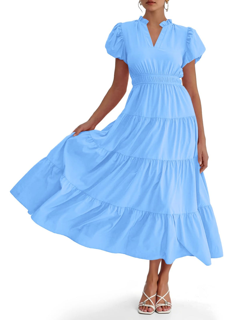 🔥Last Day 49% Off💛Puff Short Sleeve V Neck Flowy Tiered Beach A-Line Dresses🔥Buy 2 Free Shipping