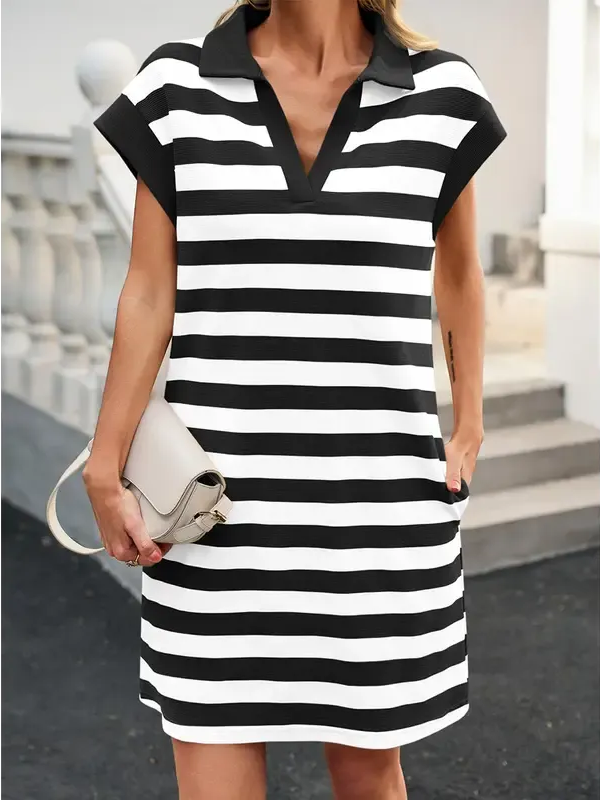 🔥Last Day 49% Off💛Women's V-neck Striped Short-sleeved Straight Dress🔥Buy 2 Free Shipping