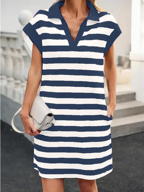 🔥Last Day 49% Off💛Women's V-neck Striped Short-sleeved Straight Dress🔥Buy 2 Free Shipping