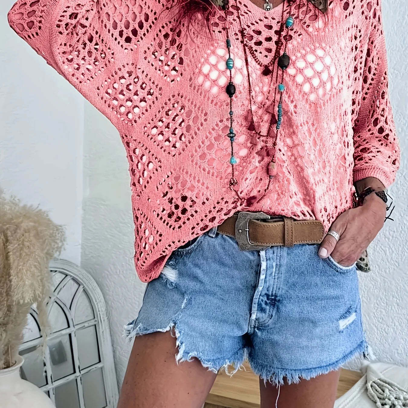 🥰Summer Sale-50% OFF💛V-Neck Beige Crochet Top | Women‘s Bohemian Summer Knitwear
