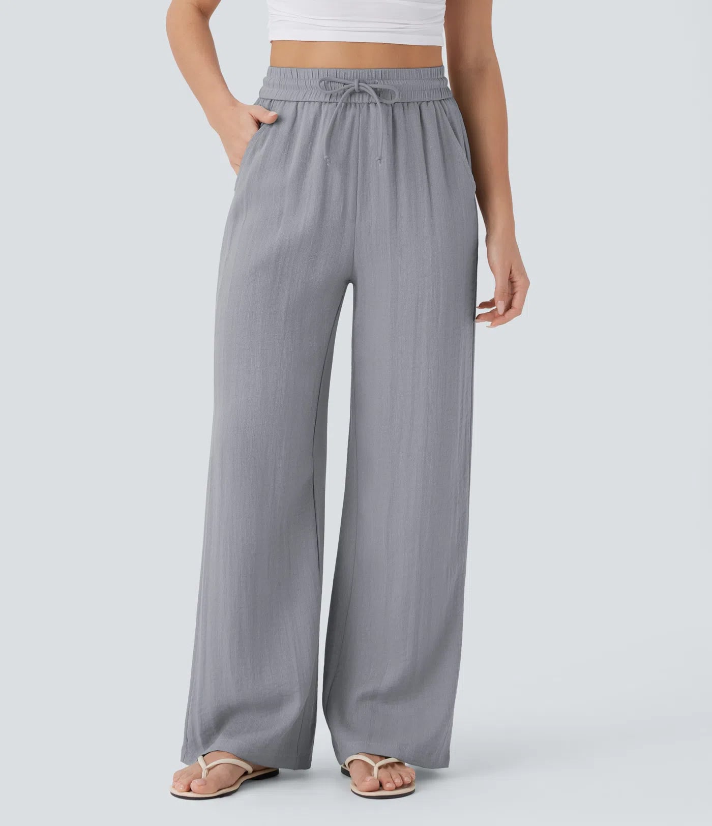 🔥Last Day Only £16.99💛High-Waisted Drawstring Pocket Wide-Leg Casual Linen-Feel Trousers🔥Buy 2 Free Shipping& 10% off
