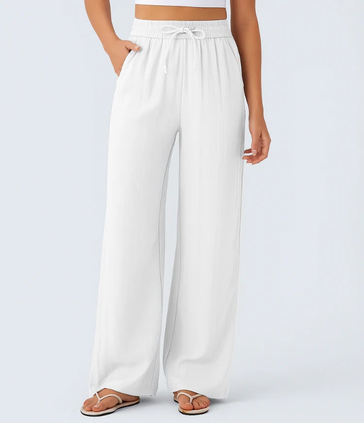 🔥Last Day Only £16.99💛High-Waisted Drawstring Pocket Wide-Leg Casual Linen-Feel Trousers🔥Buy 2 Free Shipping& 10% off