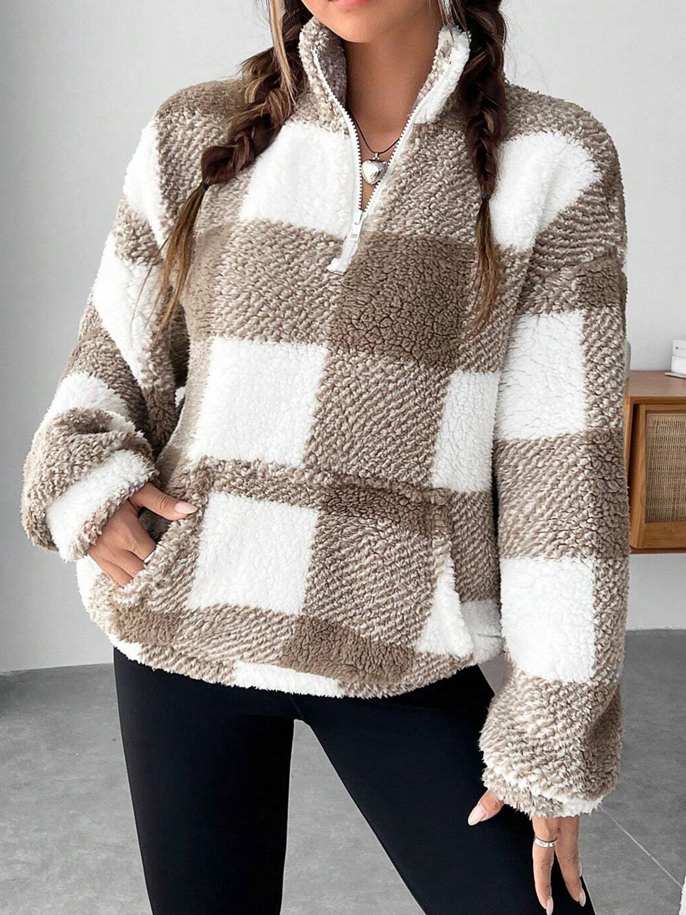 🎉New Arrival💛Women's Plaid Fleece Pullover | Half Zip Drop Shoulder Sweatshirt🔥Buy 2 Free Shipping& 10% off