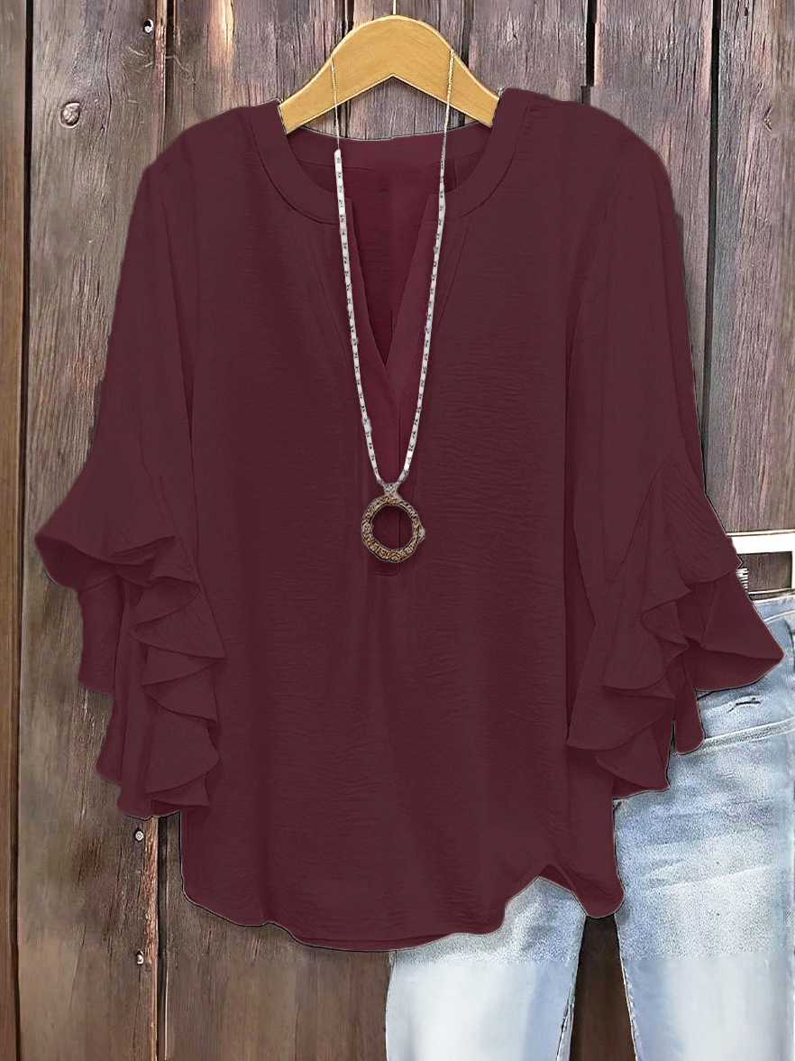🍃 Plus Size Women's Floral V-Neck Blouse | Flowy Ruffled Sleeve Top for Arm & Tummy Flattering | Lightweight Casual Summer Shirt ☀️