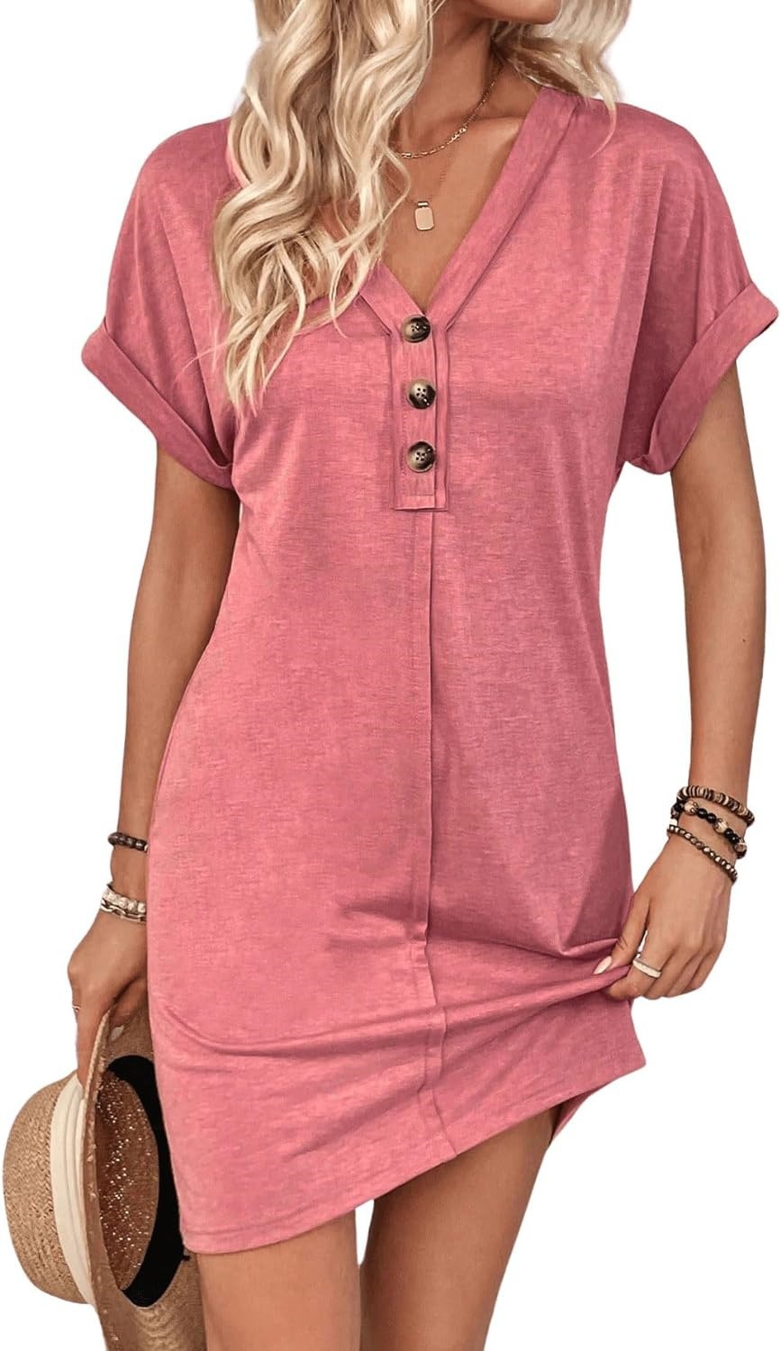 🔥Last Day 50% Off💛Plain V-Neck T-Shirt Dress | Women’s Short Sleeve Batwing Dress with Buttons