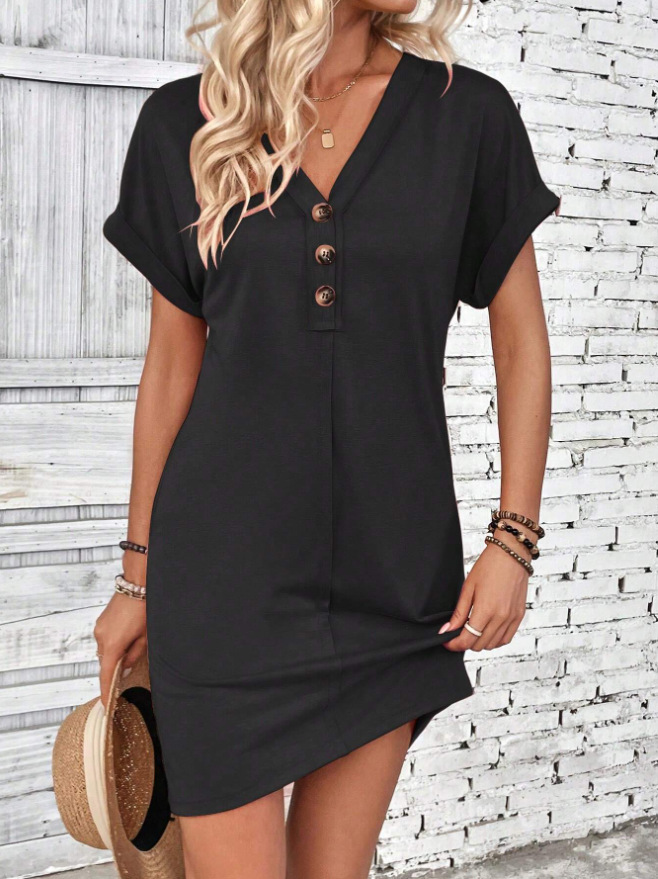 🔥Last Day 50% Off💛Plain V-Neck T-Shirt Dress | Women’s Short Sleeve Batwing Dress with Buttons