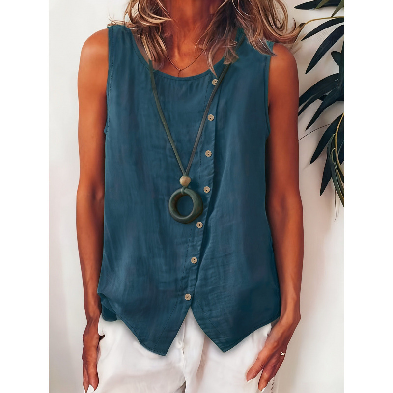 🎉New Arrival💛Sleeveless Linen Button Top | Casual Summer Shirt with Asymmetric Detail🔥Buy 2 Free Shipping& 10% off
