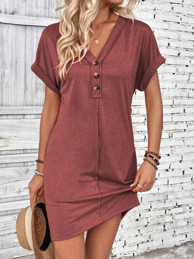 🔥Last Day 50% Off💛Plain V-Neck T-Shirt Dress | Women’s Short Sleeve Batwing Dress with Buttons