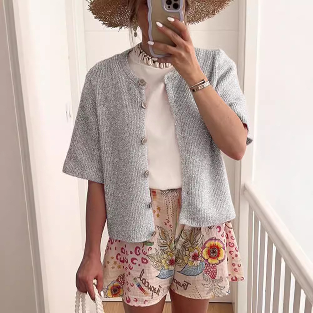 🎉New Arrival💛Women‘s Soft Cardigan | Short Sleeve, Crew Neck, Ribbed Texture🔥Buy 2 Free Shipping& 10% off