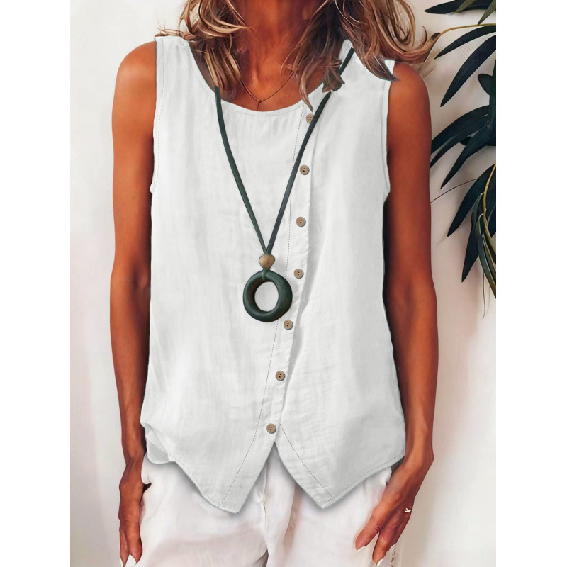 🎉New Arrival💛Sleeveless Linen Button Top | Casual Summer Shirt with Asymmetric Detail🔥Buy 2 Free Shipping& 10% off